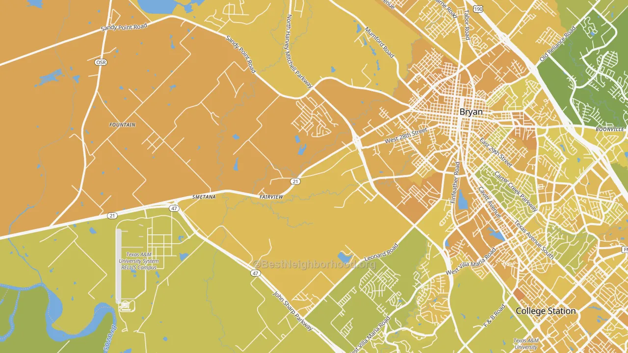 Map of the best neighborhoods in the 77807 area, with better matches in green and worse matches in red