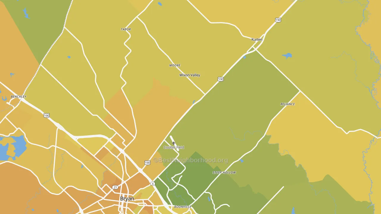Map of the best neighborhoods in the 77808 area, with better matches in green and worse matches in red