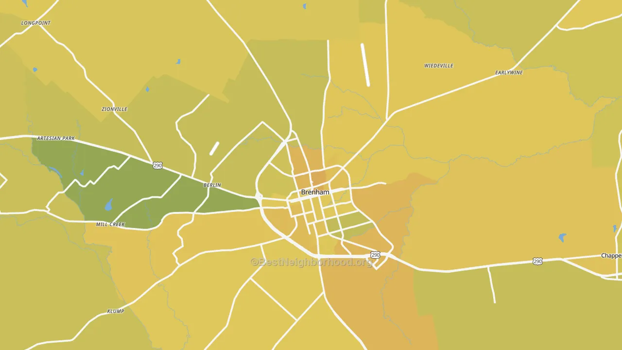 Map of the best neighborhoods in the 77833 area, with better matches in green and worse matches in red
