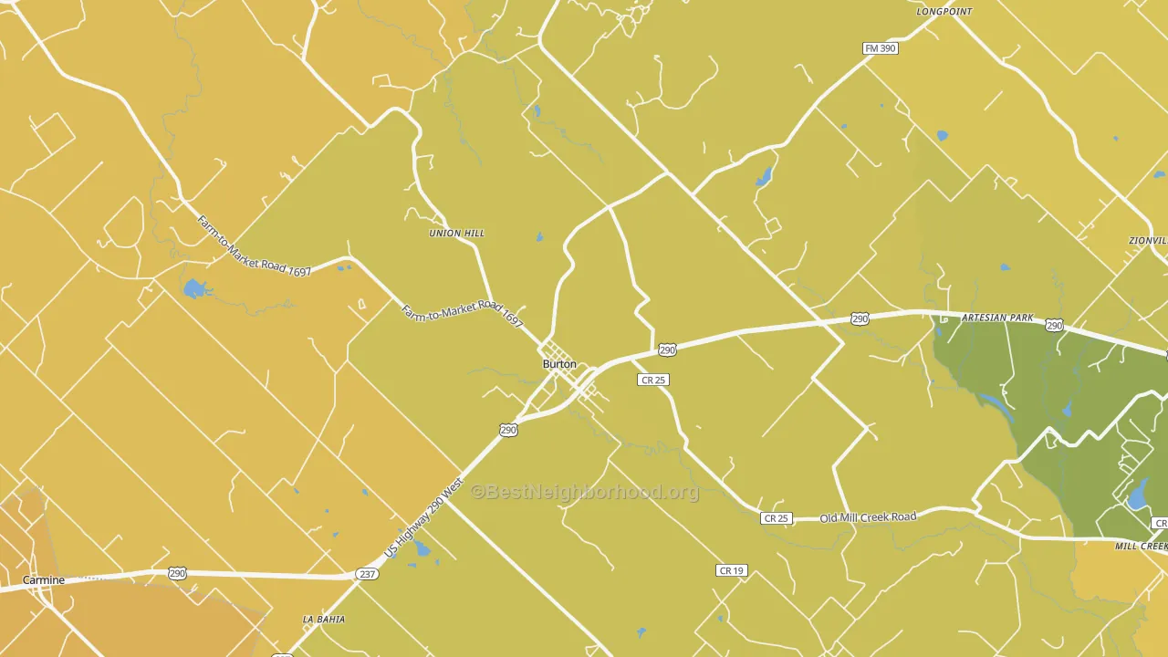 Map of the best neighborhoods in the 77835 area, with better matches in green and worse matches in red