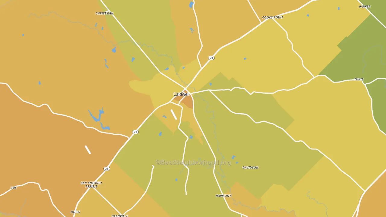 Map of the best neighborhoods in the 77836 area, with better matches in green and worse matches in red