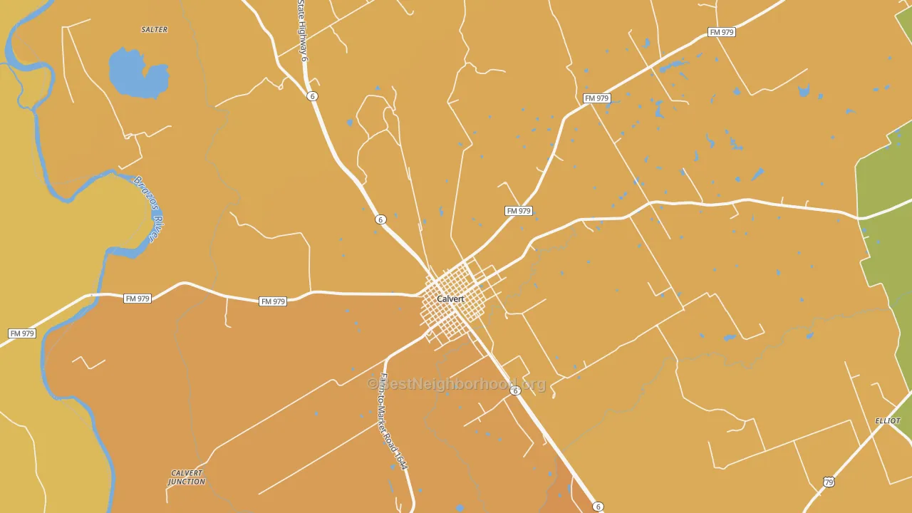 Map of the best neighborhoods in the 77837 area, with better matches in green and worse matches in red