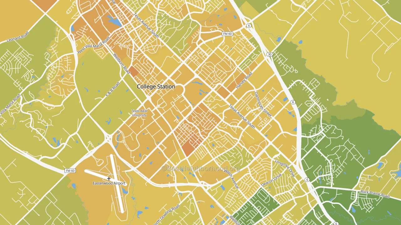 Map of the best neighborhoods in the 77840 area, with better matches in green and worse matches in red