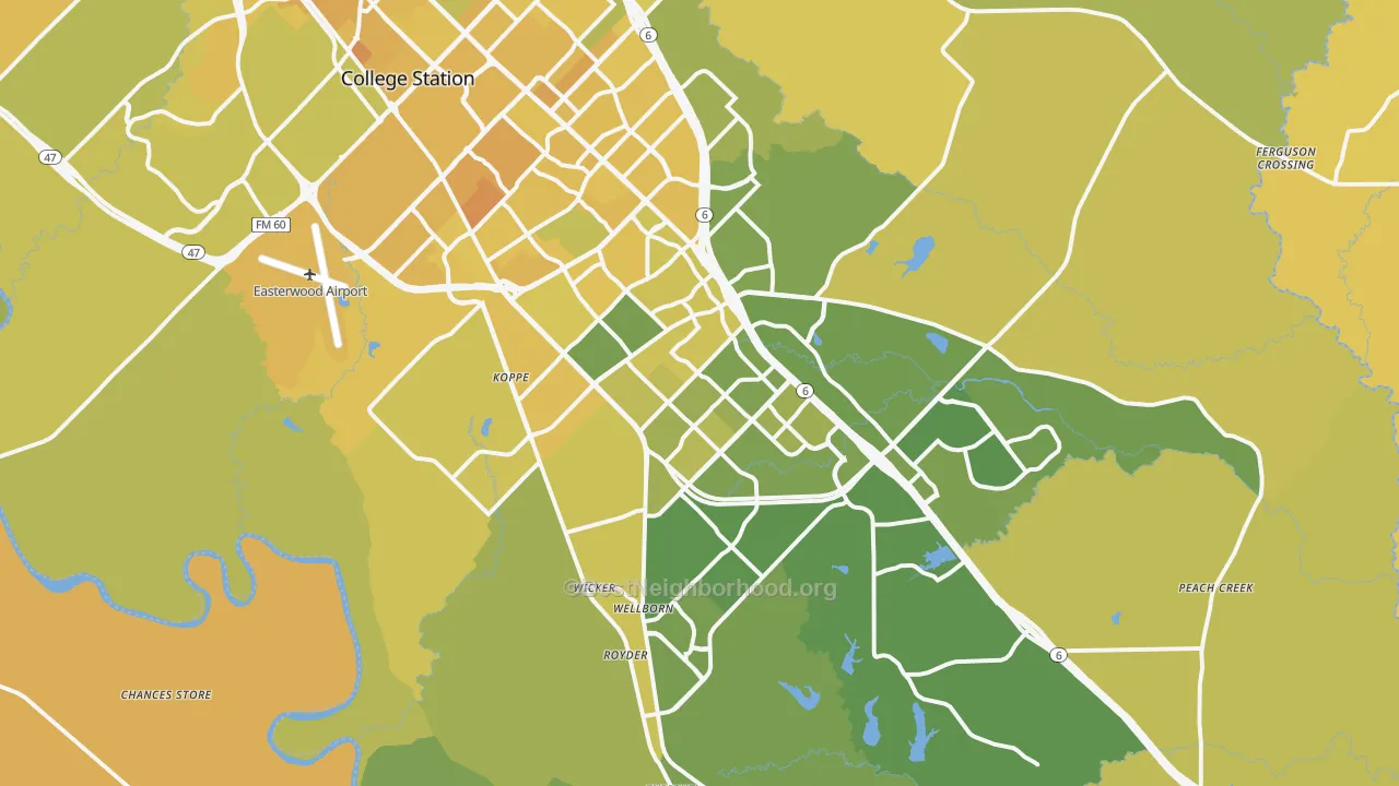 Map of the best neighborhoods in the 77845 area, with better matches in green and worse matches in red