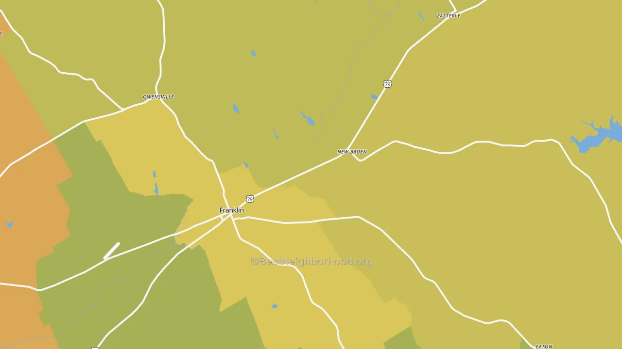 Map of the best neighborhoods in the 77856 area, with better matches in green and worse matches in red