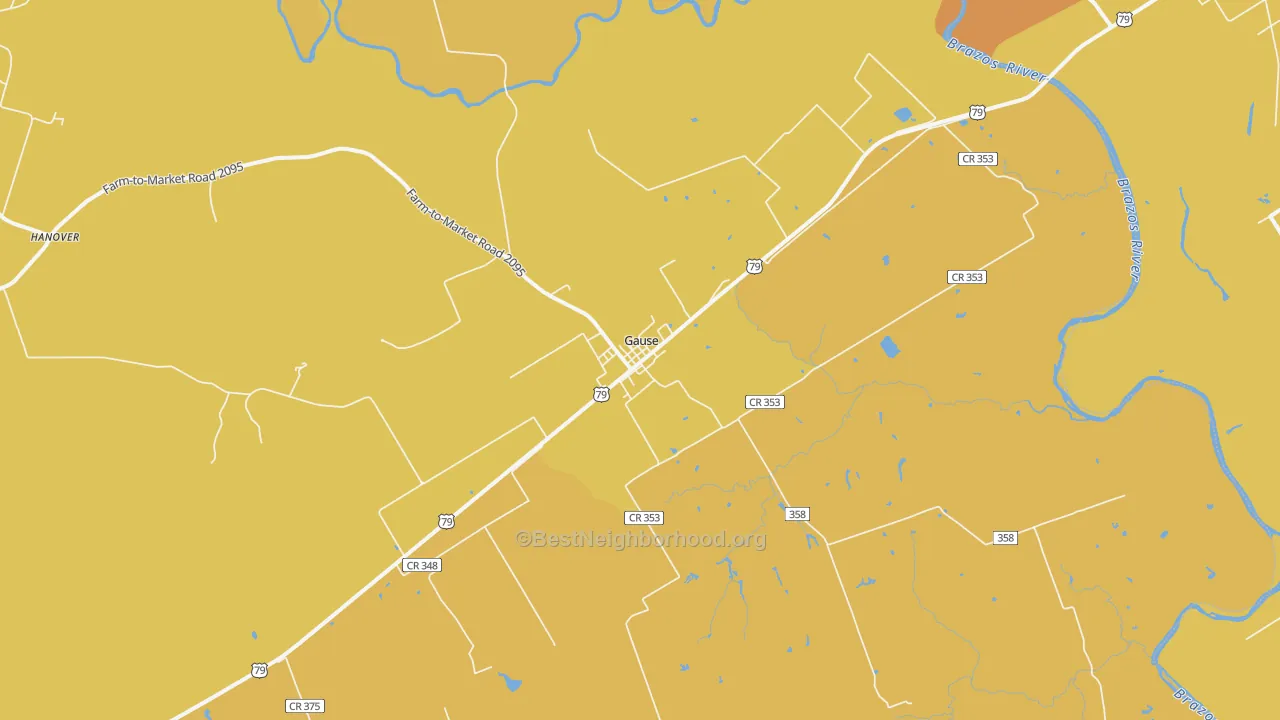Map of the best neighborhoods in the 77857 area, with better matches in green and worse matches in red
