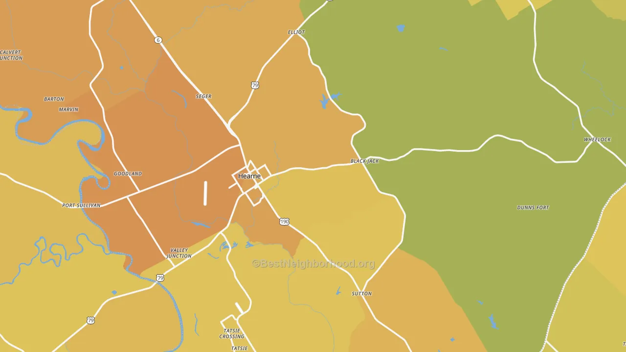 Map of the best neighborhoods in the 77859 area, with better matches in green and worse matches in red