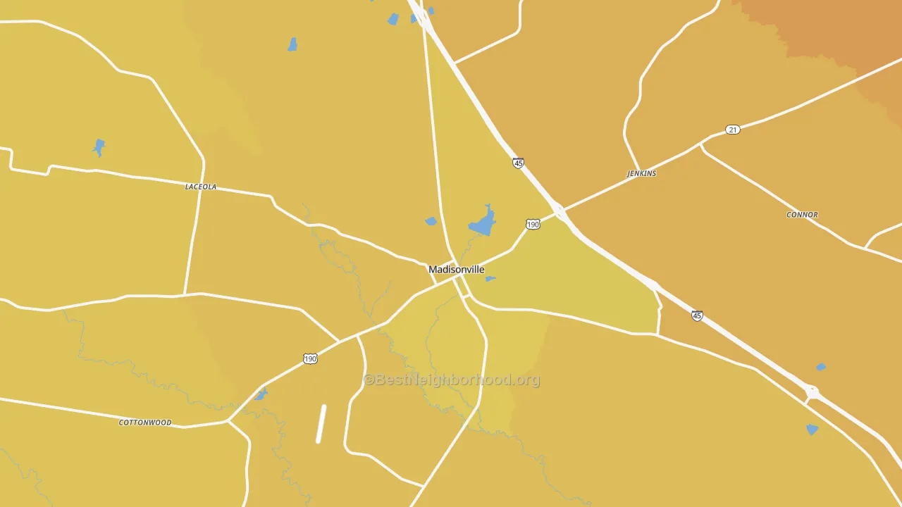 Map of the best neighborhoods in the 77864 area, with better matches in green and worse matches in red