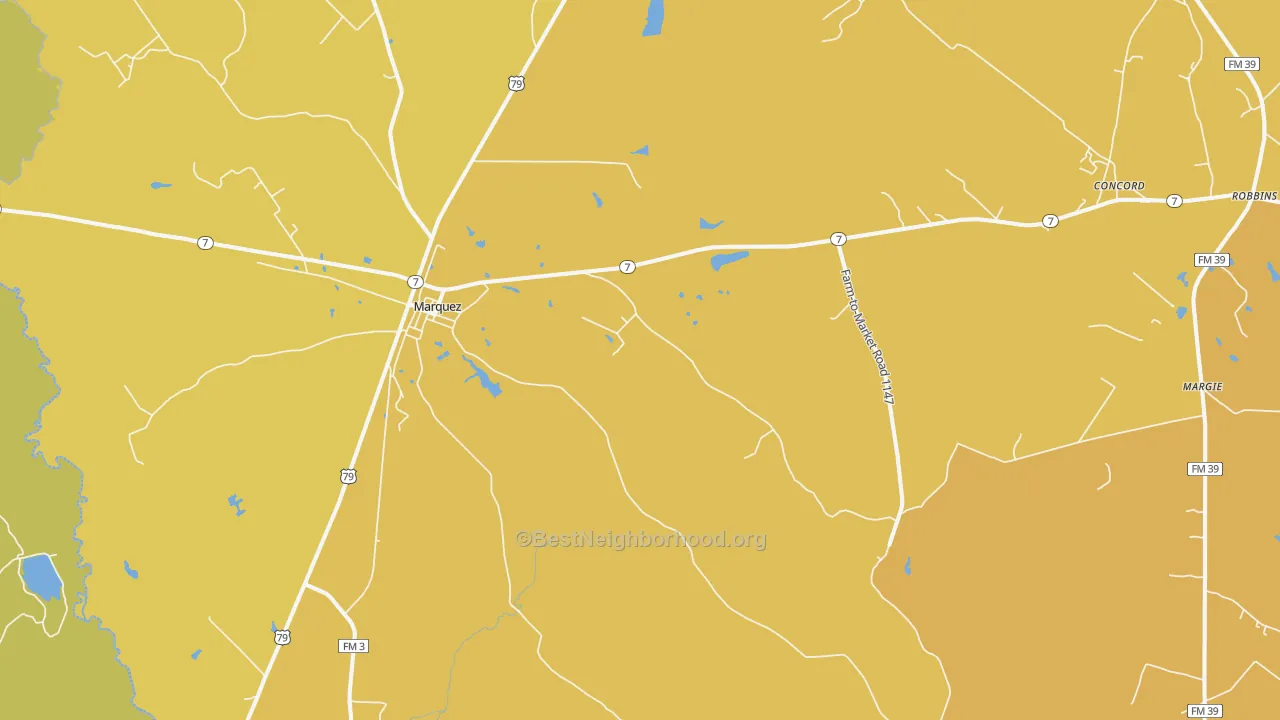 Map of the best neighborhoods in the 77865 area, with better matches in green and worse matches in red