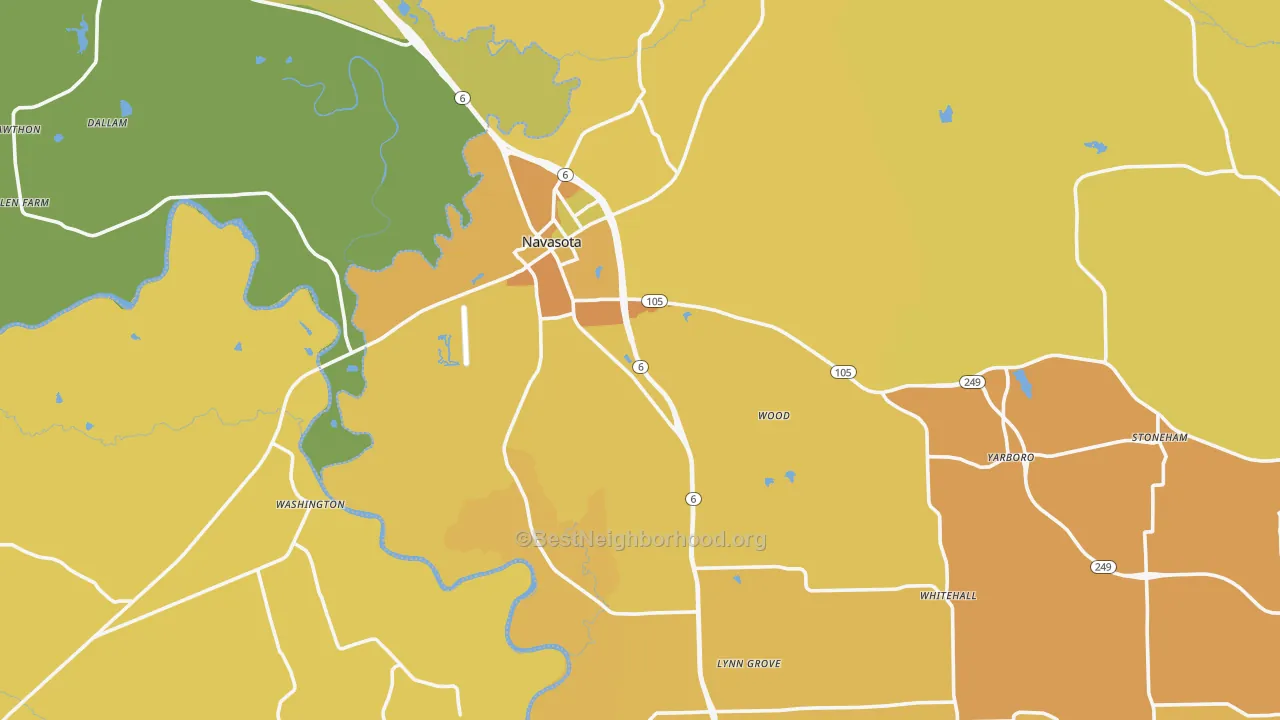 Map of the best neighborhoods in the 77868 area, with better matches in green and worse matches in red