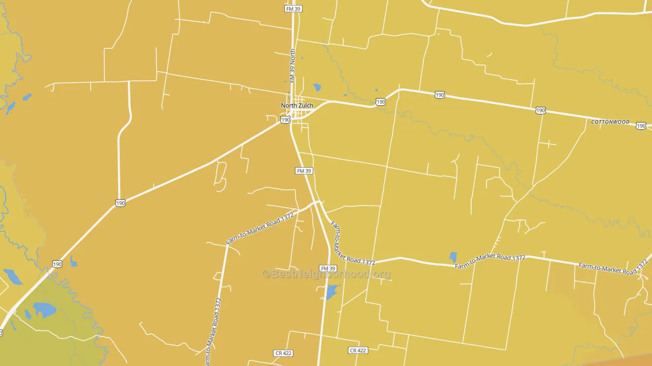 Map of the best neighborhoods in the 77872 area, with better matches in green and worse matches in red