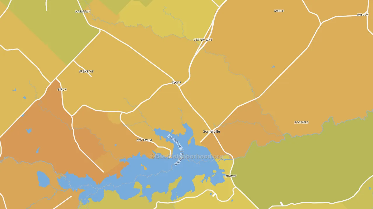 Map of the best neighborhoods in the 77879 area, with better matches in green and worse matches in red