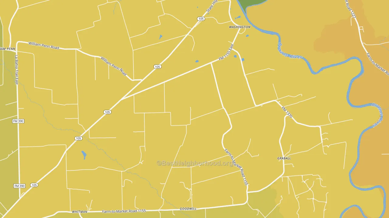 Map of the best neighborhoods in the 77880 area, with better matches in green and worse matches in red