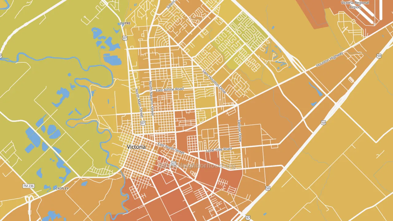 Map of the best neighborhoods in the 77901 area, with better matches in green and worse matches in red