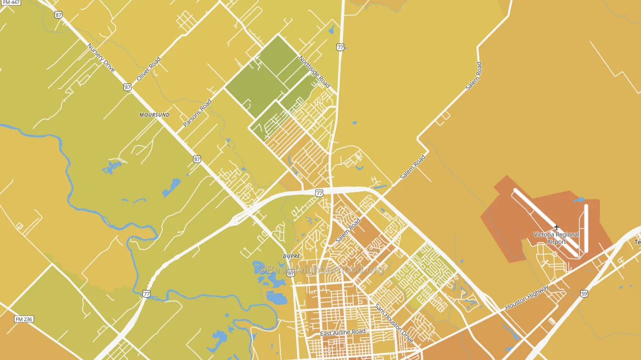 Map of the best neighborhoods in the 77904 area, with better matches in green and worse matches in red