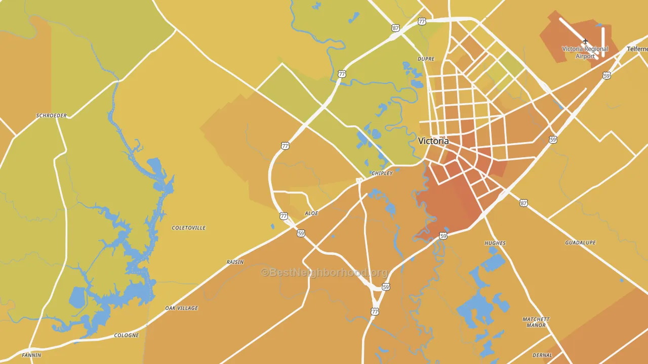 Map of the best neighborhoods in the 77905 area, with better matches in green and worse matches in red