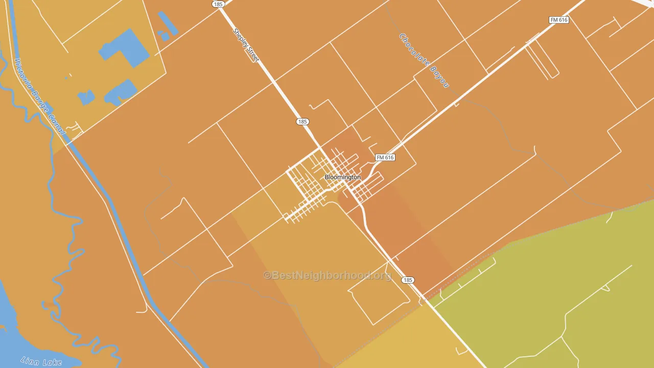 Map of the best neighborhoods in the 77951 area, with better matches in green and worse matches in red