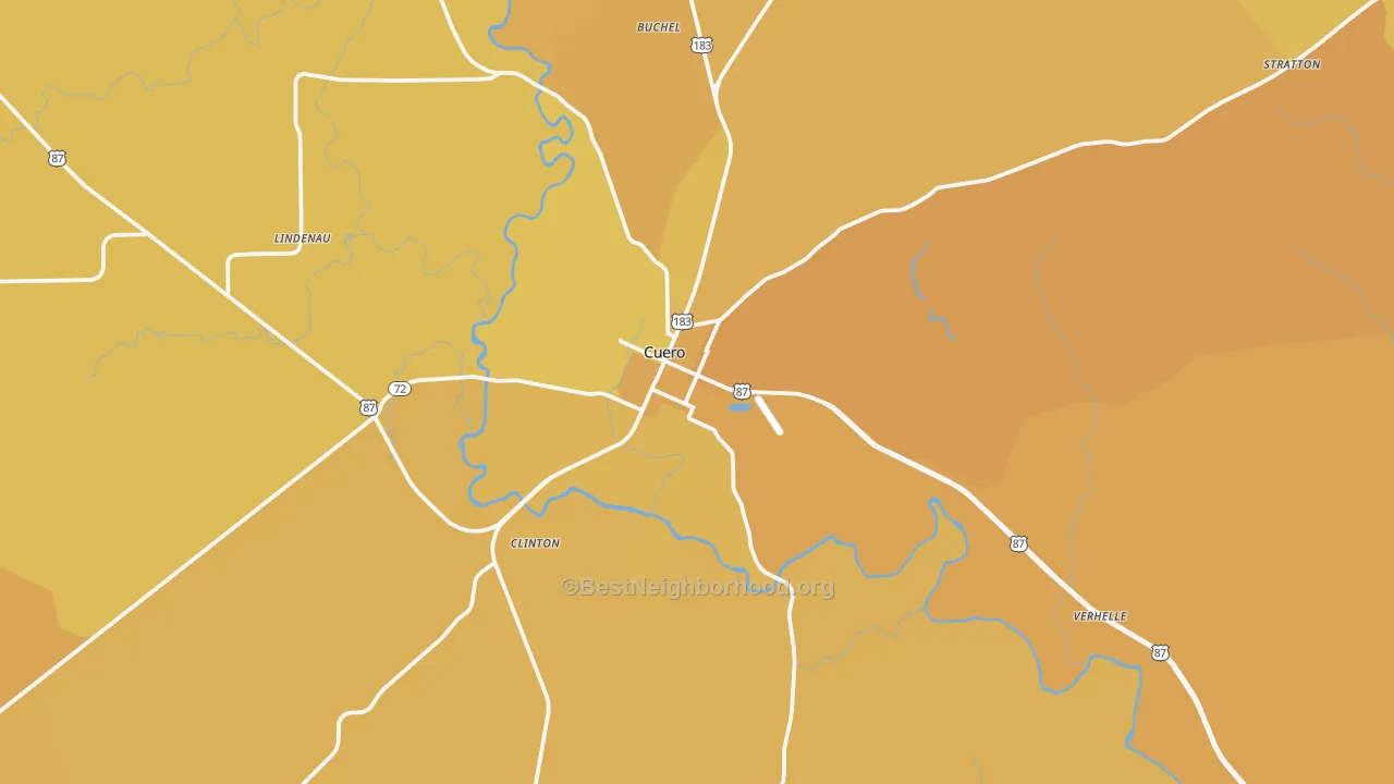 Map of the best neighborhoods in the 77954 area, with better matches in green and worse matches in red