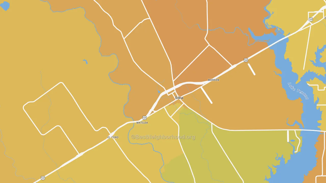 Map of the best neighborhoods in the 77957 area, with better matches in green and worse matches in red