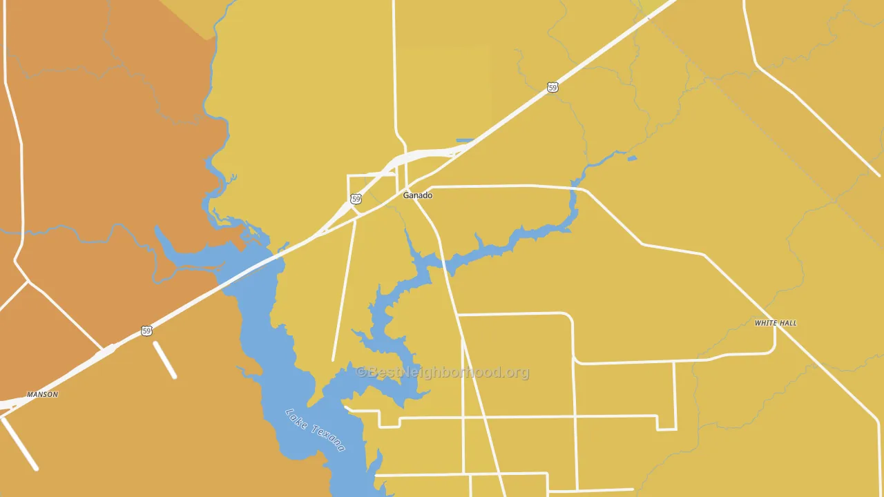 Map of the best neighborhoods in the 77962 area, with better matches in green and worse matches in red