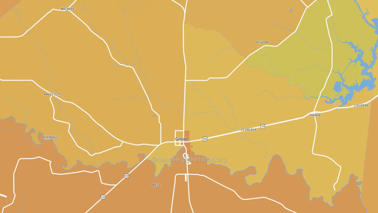 Map of the best neighborhoods in the 77963 area, with better matches in green and worse matches in red