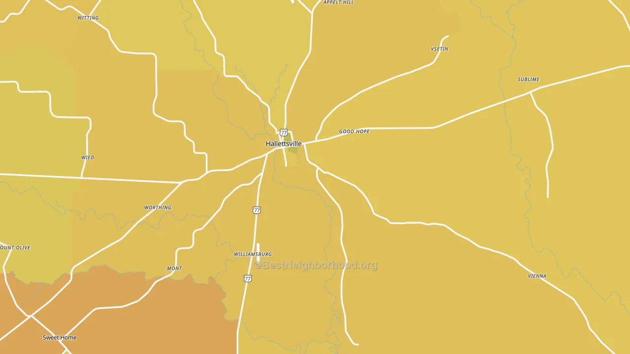 Map of the best neighborhoods in the 77964 area, with better matches in green and worse matches in red