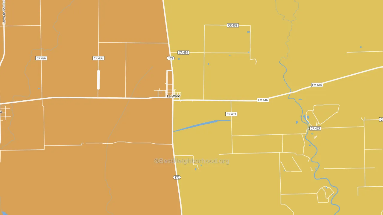 Map of the best neighborhoods in the 77970 area, with better matches in green and worse matches in red