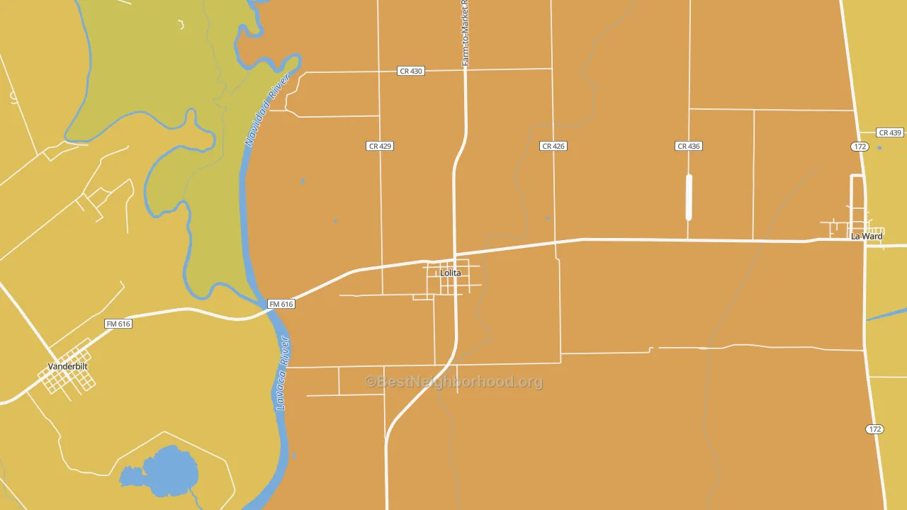 Map of the best neighborhoods in the 77971 area, with better matches in green and worse matches in red