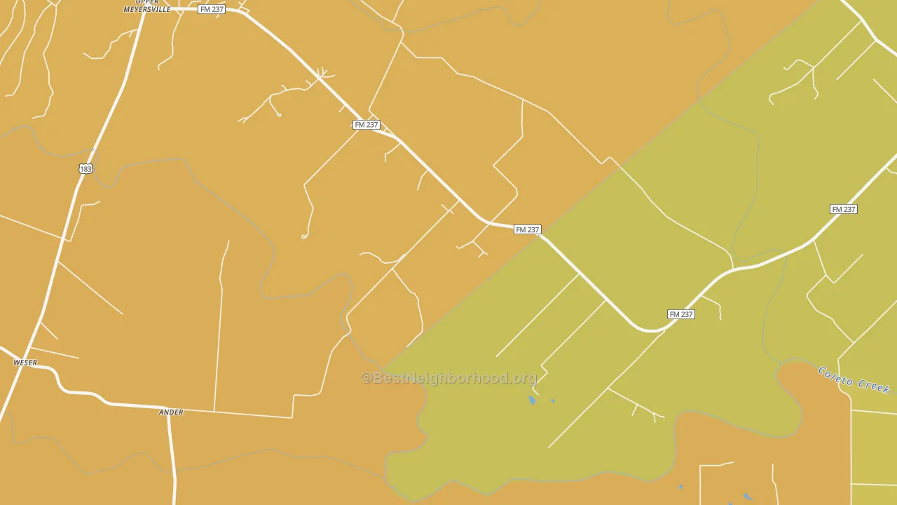 Map of the best neighborhoods in the 77974 area, with better matches in green and worse matches in red