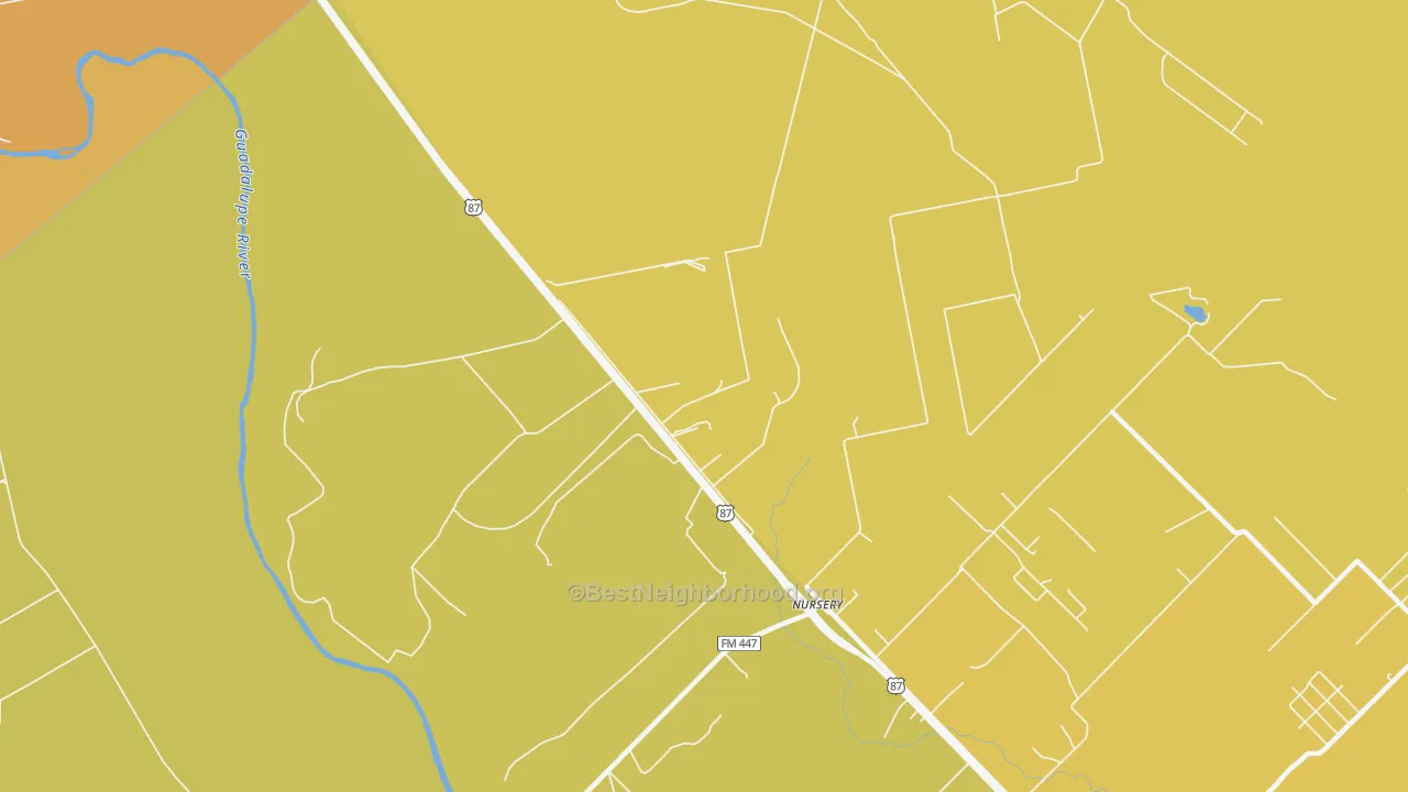 Map of the best neighborhoods in the 77976 area, with better matches in green and worse matches in red