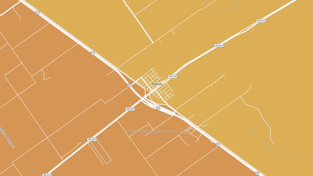 Map of the best neighborhoods in the 77977 area, with better matches in green and worse matches in red