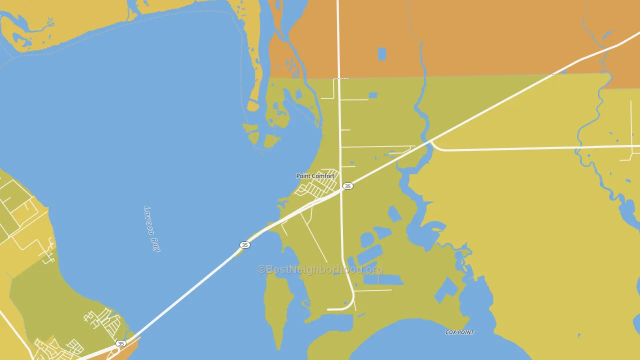 Map of the best neighborhoods in the 77978 area, with better matches in green and worse matches in red