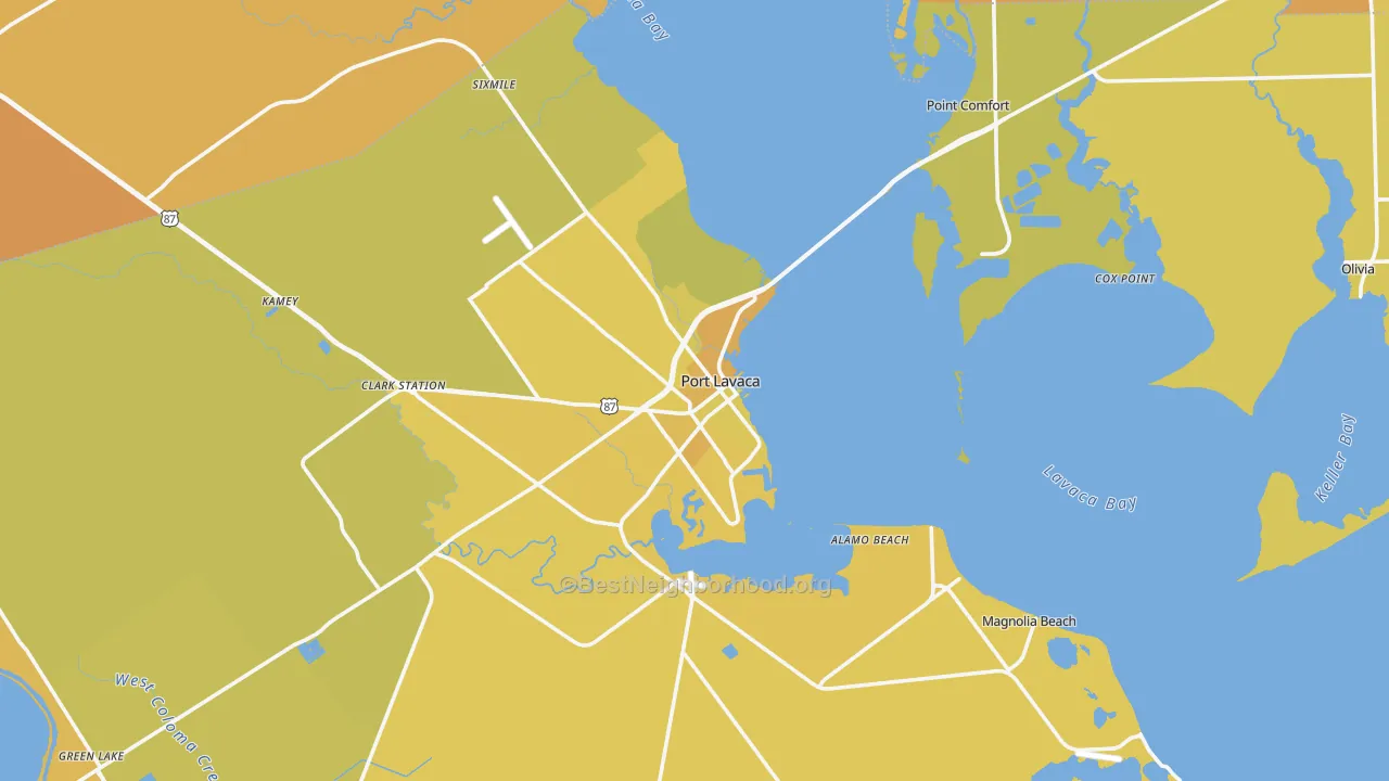 Map of the best neighborhoods in the 77979 area, with better matches in green and worse matches in red