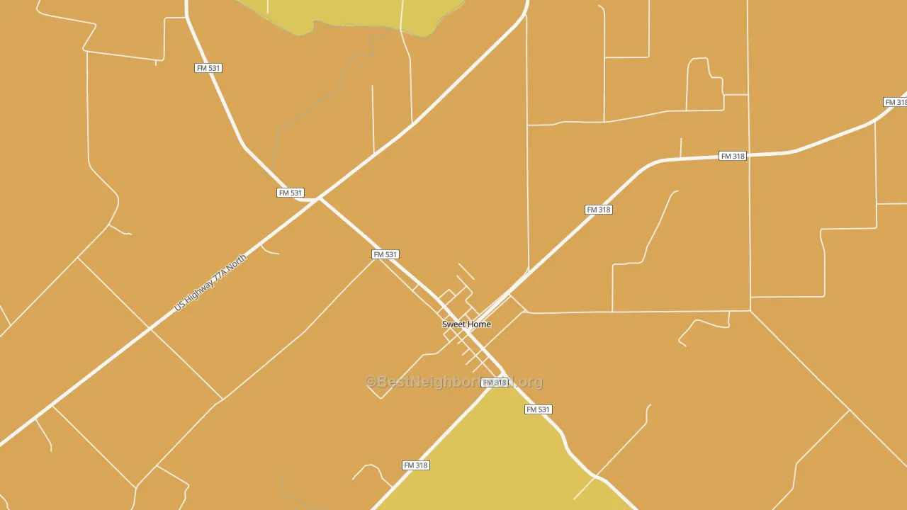 Map of the best neighborhoods in the 77987 area, with better matches in green and worse matches in red