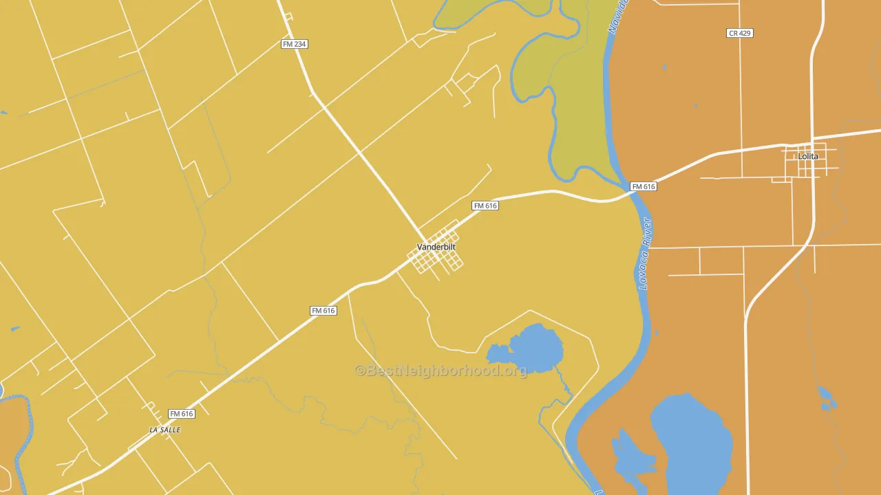 Map of the best neighborhoods in the 77991 area, with better matches in green and worse matches in red
