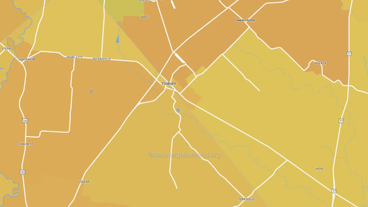 Map of the best neighborhoods in the 77995 area, with better matches in green and worse matches in red
