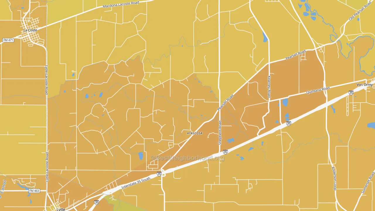 Map of the best neighborhoods in the 78002 area, with better matches in green and worse matches in red