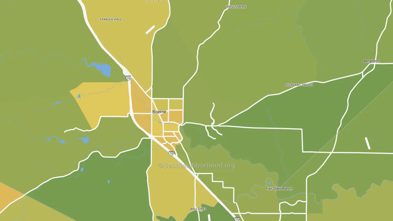 Map of the best neighborhoods in the 78006 area, with better matches in green and worse matches in red