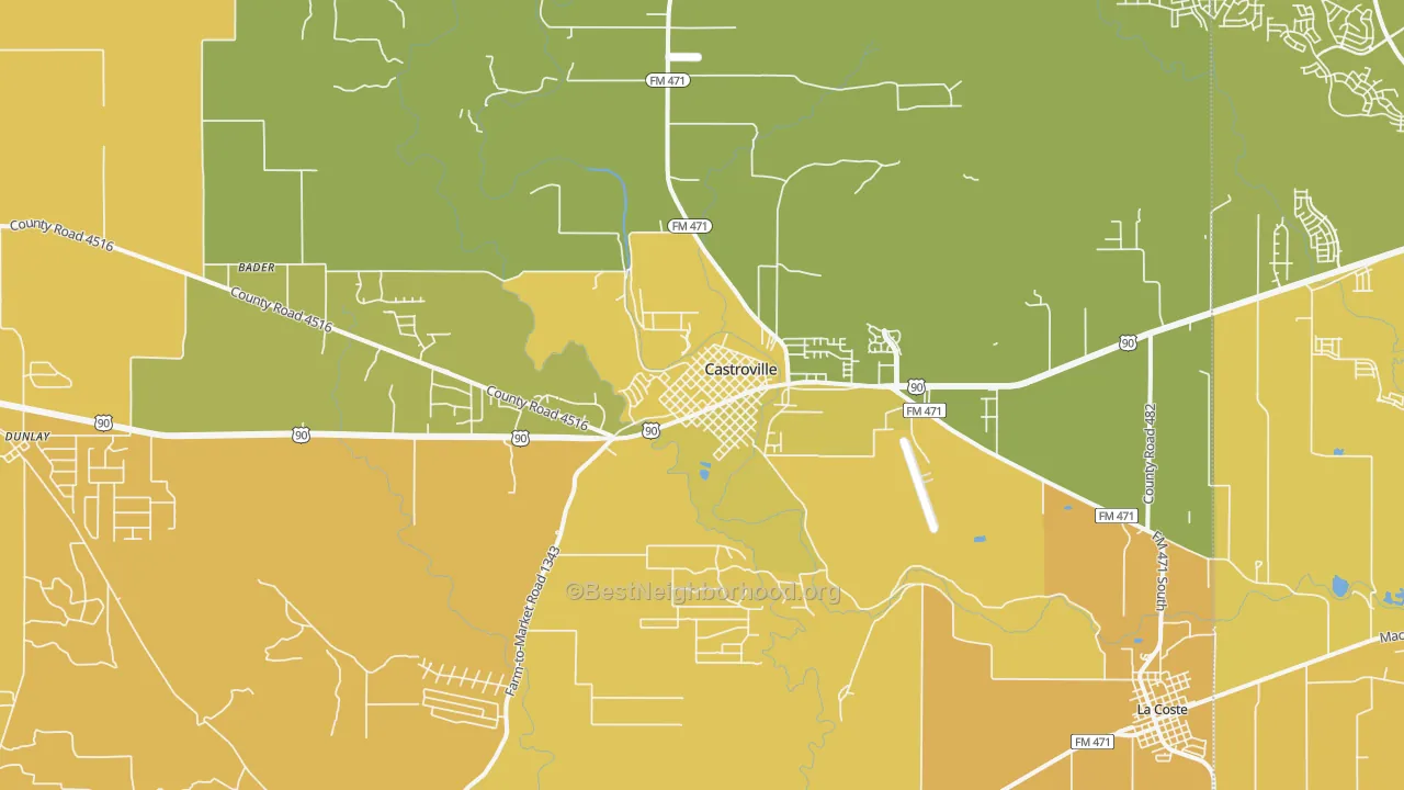 Map of the best neighborhoods in the 78009 area, with better matches in green and worse matches in red