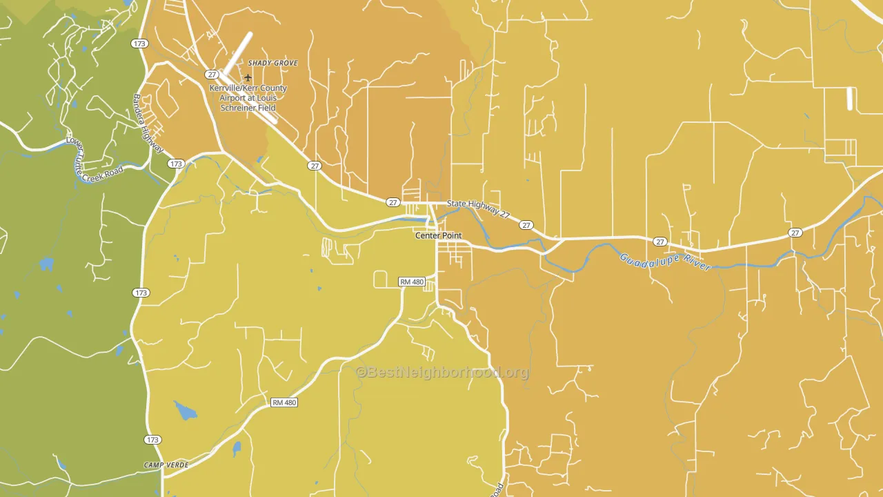 Map of the best neighborhoods in the 78010 area, with better matches in green and worse matches in red