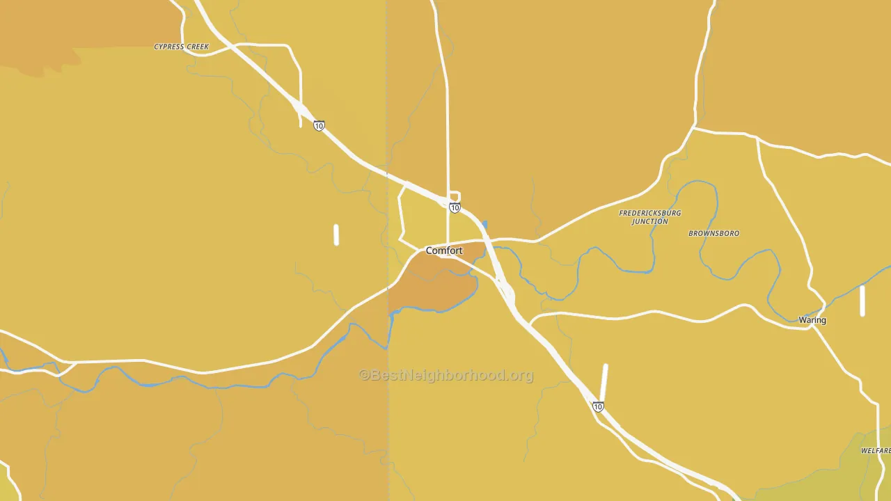 Map of the best neighborhoods in the 78013 area, with better matches in green and worse matches in red