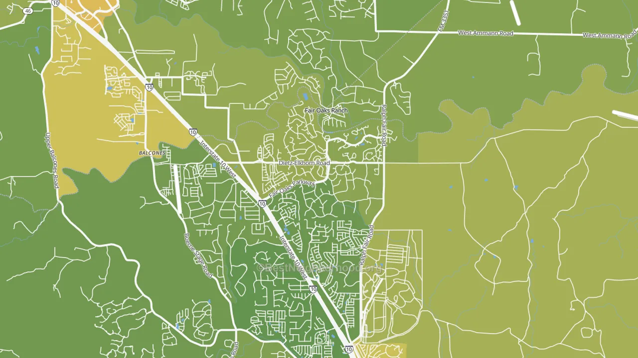 Map of the best neighborhoods in the 78015 area, with better matches in green and worse matches in red