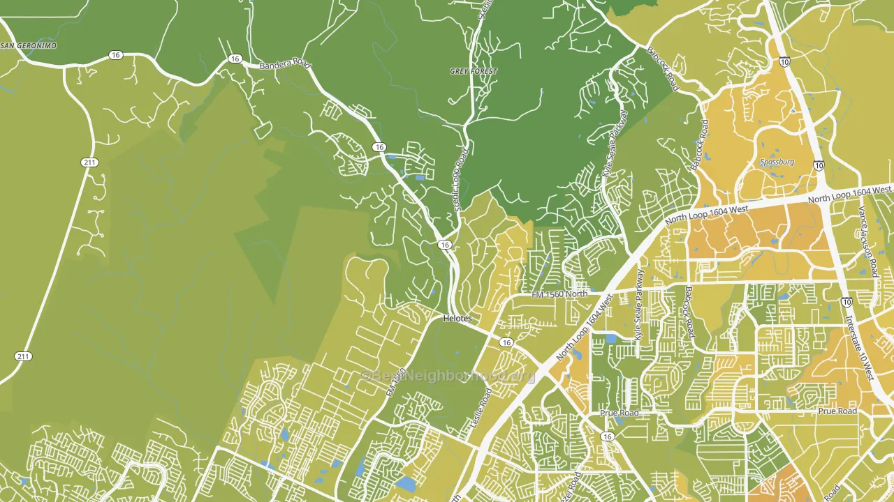 Map of the best neighborhoods in the 78023 area, with better matches in green and worse matches in red