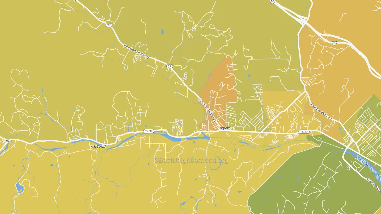 Map of the best neighborhoods in the 78025 area, with better matches in green and worse matches in red