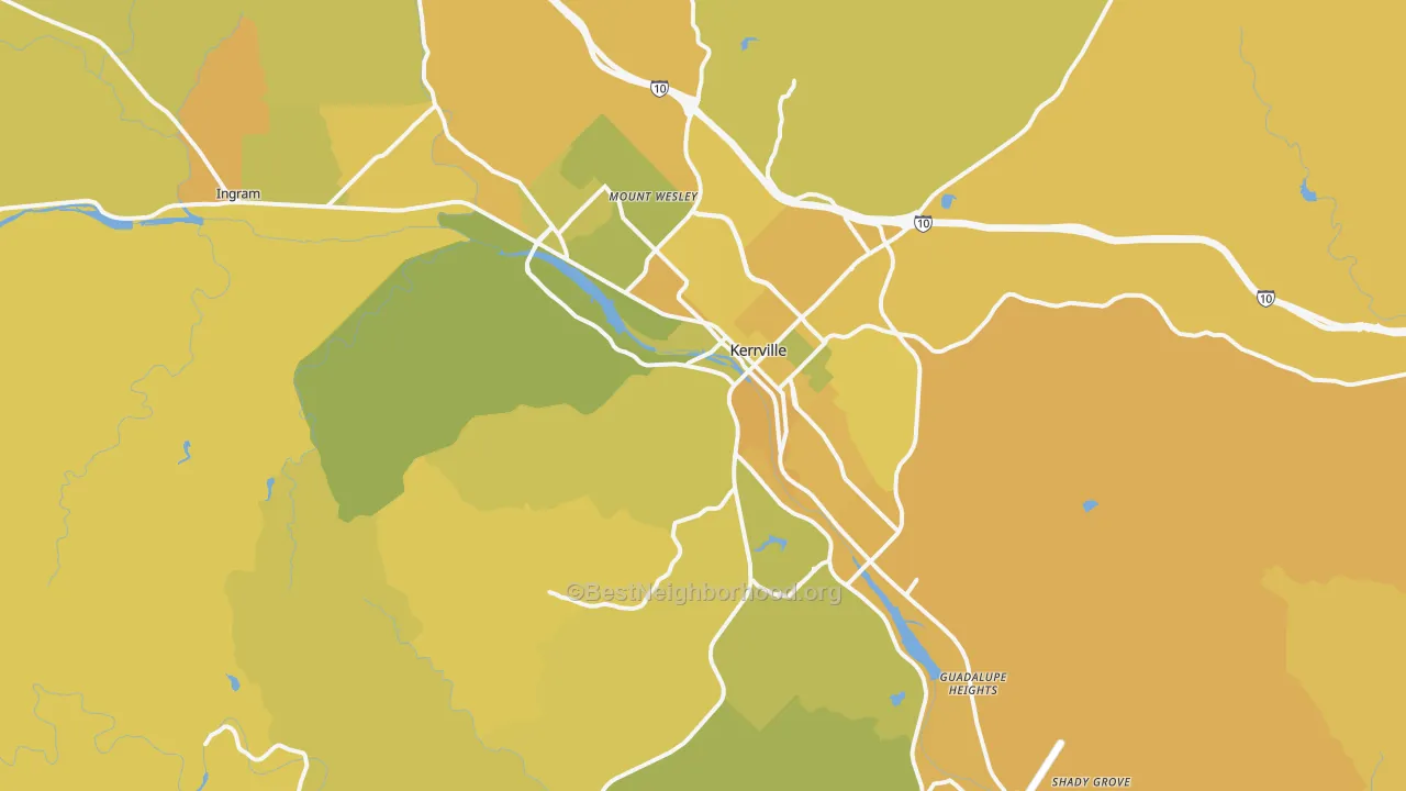 Map of the best neighborhoods in the 78028 area, with better matches in green and worse matches in red