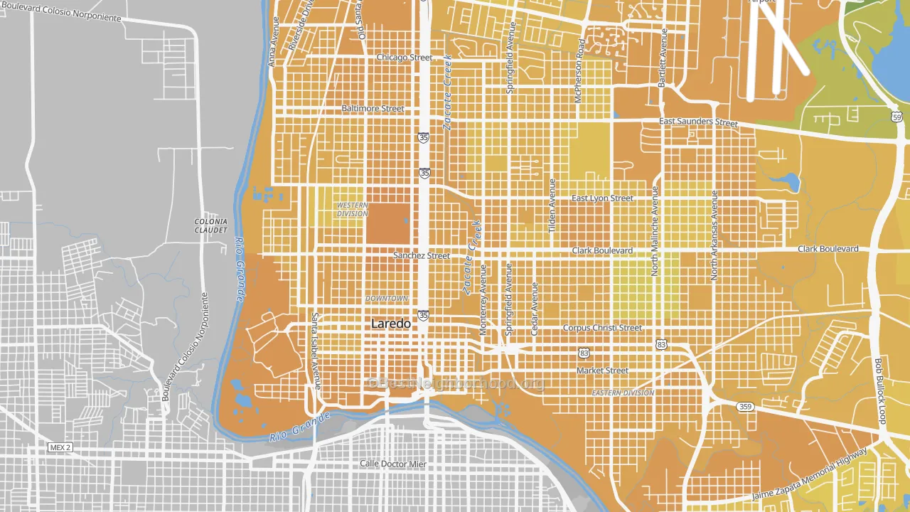 Map of the best neighborhoods in the 78040 area, with better matches in green and worse matches in red