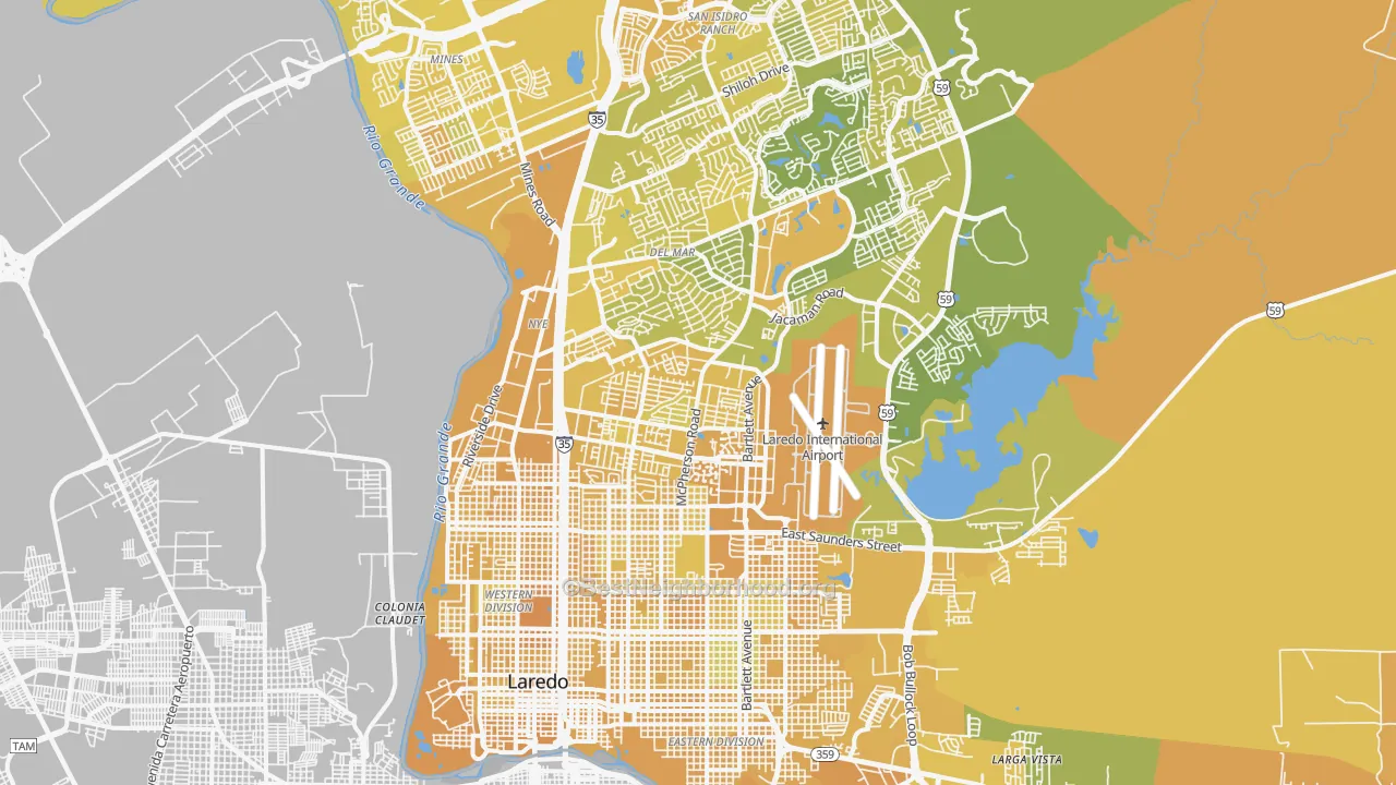 Map of the best neighborhoods in the 78041 area, with better matches in green and worse matches in red