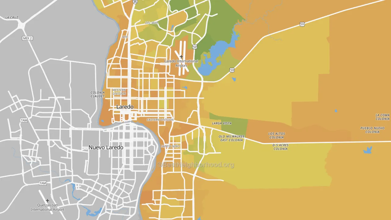 Map of the best neighborhoods in the 78043 area, with better matches in green and worse matches in red