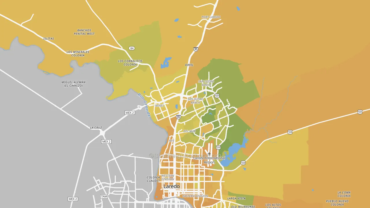Map of the best neighborhoods in the 78045 area, with better matches in green and worse matches in red