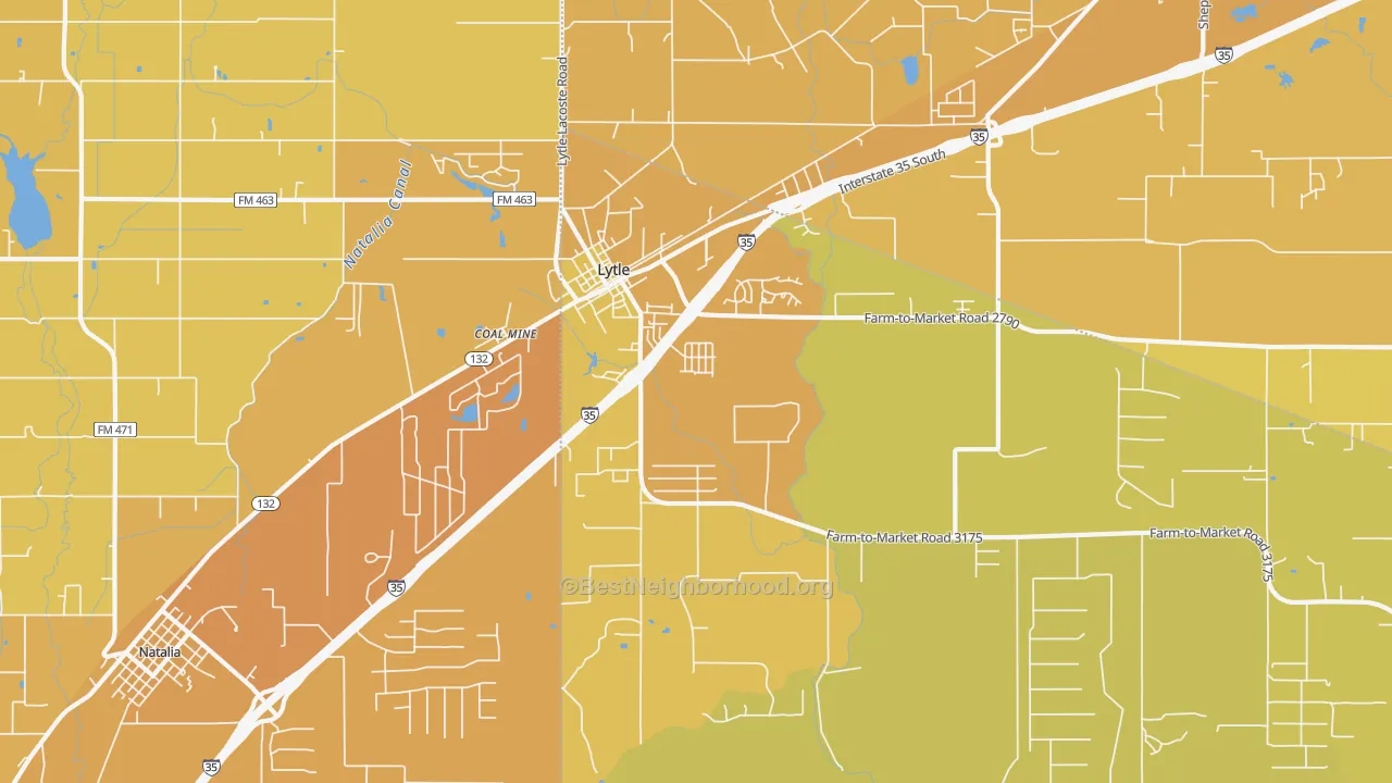 Map of the best neighborhoods in the 78052 area, with better matches in green and worse matches in red